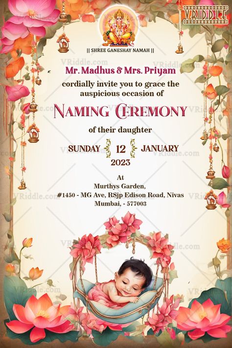 Blossoming Joy Naming Ceremony Invitation with Lotus Theme and Sleeping Baby – SeeMyMarriage Naming Ceremony Background, Naming Ceremony Invitation Card Template, Indian Cradle Ceremony, Baby Naming Ceremony Decorations, Namkaran Invitation Card, Cradle Ceremony Invitation Card, Greetings For Teachers, Ceremony Template, Baby Naming Ceremony