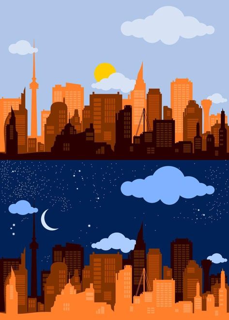 Editable Vector Illustration of City Silhouette with Orange Color in Day and Night Scene Night And Day Illustration, Day And Night Illustration, Night City Illustration, Night Illustration, City Vector, Building Illustration, City Silhouette, Night Day, City Illustration