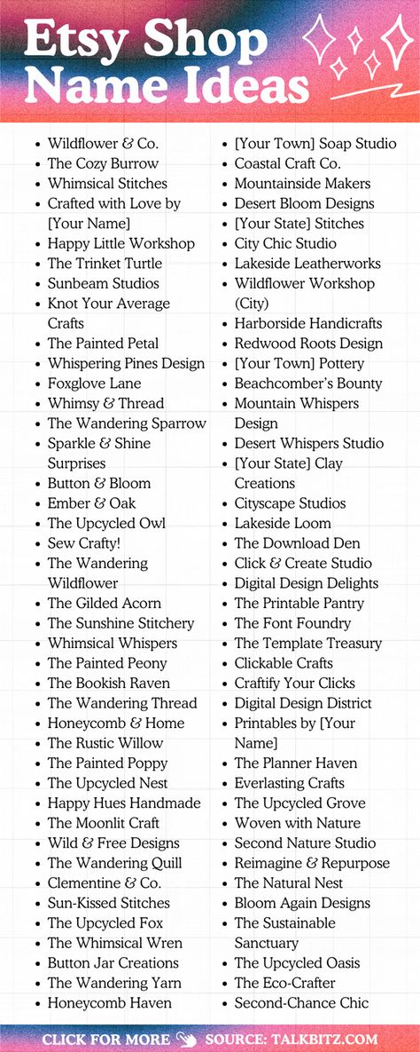 If you're a beginner Etsy seller searching for the perfect shop name, you need to read this! Discover over 250 creative and catchy Etsy shop name ideas to help your business stand out. #EtsyShopNameIdeas #EtsySellers #BusinessNames #etsy Online Clothing Business Name Ideas, Thrift Shop Name Ideas, Etsy Shop Name Ideas, T Shirt Business Ideas, Business Name Ideas Creative, Preppy Names, Catchy Business Name Ideas, Shirt Business Ideas, Unique Business Names