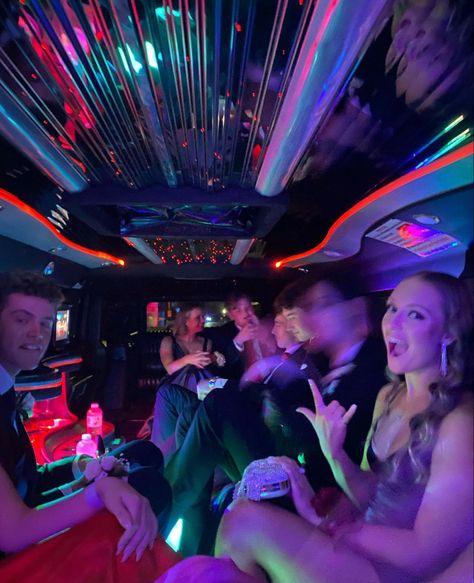 Party Limo Aesthetic, Prom Party Bus Aesthetic, After Prom Aesthetic, Prom After Party Themes, Senior Prom Aesthetic, Prom Transport Ideas, Prom After Party Ideas, Prom Dance Aesthetic, Party Bus Aesthetic