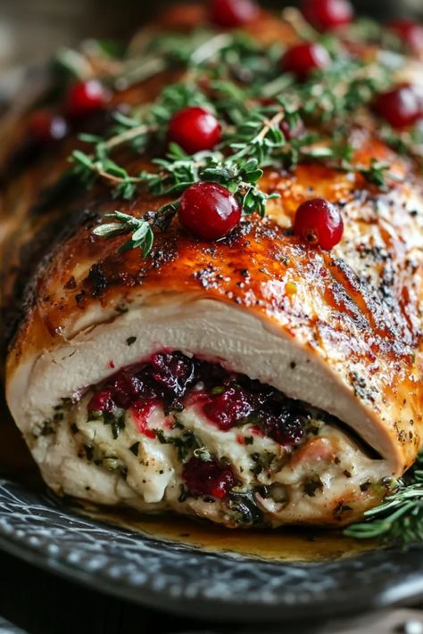 Fall in love with this cranberry stuffed turkey breast recipe featuring a sweet and tangy filling. Perfect for holiday dinners, it delivers delicious flavors on your festive table. Stuffed Chicken Christmas Dinner, Stuffed Chicken Breast Christmas, Rolled Turkey Breast With Stuffing, Turkey Breast Christmas Dinner, Stuffing Recipes Christmas, Chicken Breast Recipes Christmas, Turkey Filling Recipes, Chicken Breast Christmas Dinner, Cranberry Stuffed Chicken