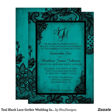 Teal And Black Wedding, Purple And Black Wedding, Gothic Wedding Invitations, Formal Wedding Invitations, Black Wedding Invitations, Lace Wedding Invitations, Teal Wedding, Purple Themes, Wedding Invitation Card