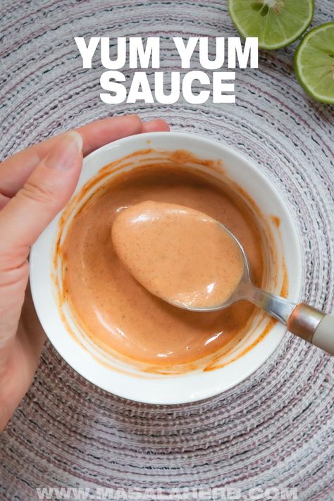 Yum Yum Sauce Recipe - This Japanese yum yum sauce is vibrant and full of flavors. It's a Japanese Steak House sauce used with steaks or shrimp. You can use it as a shrimp dip. www.MasalaHerb.com Yum Yum Shrimp, Japanese Yum Yum Sauce, Homemade Yum Yum Sauce, Yum Sauce Recipe, Yum Yum Sauce Recipe, Shrimp Sauce Recipes, Curry Paste Recipe, Easy Cheap Recipes, Keto Healthy Recipes