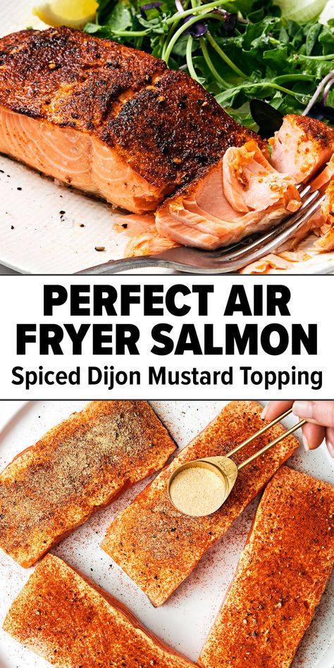 This air fryer salmon filet recipe is the secret to moist and crispy salmon in under 15 minutes! The perfect easy and healthy dinner idea and air fryer recipe. Hungry Happens Recipes Salmon, Salmon Seasoning Recipe Air Fryer, Air Fryer Salmon Skin On, Crispy Skin Salmon Air Fryer, How Long To Air Fry Salmon, Salmon In The Air Fryer Recipes, Salmon Steaks In Air Fryer, Air Fryer Dinners Healthy, Salmon Filets In Air Fryer