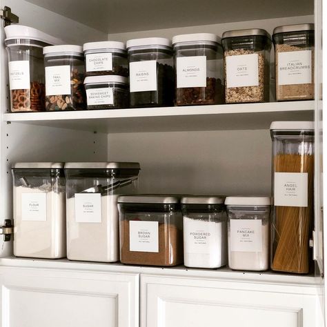 Cupboard Pantry Organization, Minimalist Pantry, Oxo Pantry Organization, Cupboard Organization, Oxo Pantry Organization Food Storage, Oxo Containers Organized Pantry, Labeled Kitchen Containers, Farmhouse Pantry Labels, Pantry Cupboard