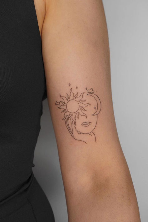 Arm sun and moon tattoo Tattoo Ideas Arm Woman Sleeve, Tattoo Designs Arm Women, Sun Moon Tattoo Designs For Women, Impulsive Tattoo Ideas, Unique Sun Moon Tattoo, Small Tattoos For Independent Women, Tattoo For Creative People, Sun And Moon Tattoo For Women, Tattoo Idea For Arm