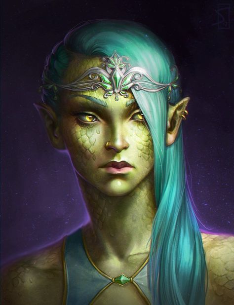 Wood Elf Sorcerer, Yuan-ti Pureblood Female, Sorcerer Robes, Elf Sorcerer, Yuan Ti, Wood Elf, Fantasy Portraits, Fantasy Races, Dungeons And Dragons Characters