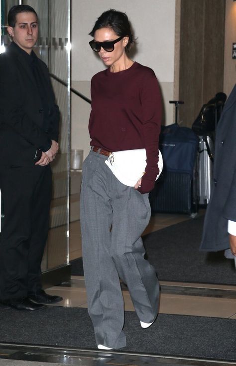 STYLE FILE: VICTORIA BECKHAM — StyleBFFs Gray Wide Pants Outfit, Maroon And Grey Outfit, Wide Leg Grey Pants Outfit, Gray Wide Leg Pants Outfit, Grey Wide Leg Trousers Outfit, Grey Wide Leg Pants Outfit, Wide Trousers Outfit, Crewneck Sweater Outfit, Grey Trousers Outfit Women