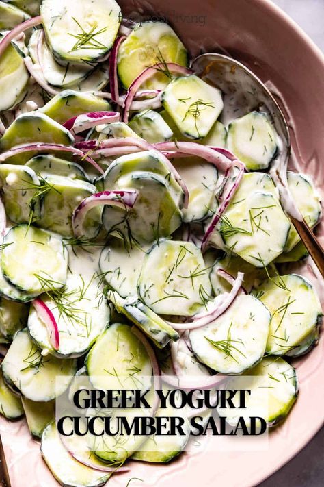 This Greek Yogurt Cucumber Salad is a refreshing side dish that you can make in 10 minutes. Tossed in a tangy, tzatziki-inspired Greek yogurt dressing, it is a lighter and healthier alternative to mayo or sour cream-based cucumber salads. Cucumber Greek Yogurt Salad, Cucumber Salad Greek Yogurt, Greek Yogurt Cucumber Salad, Creamed Cucumber Salad, Cucumber Yogurt Salad, Cucumber Salads, Greek Cucumber Salad, Easy Summer Salad, Cucumber Dill Salad