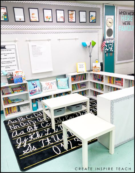 Book Storage Classroom Library, Classroom Bookcase Ideas, Classroom Decor On Top Of Cabinets, Magnetic Shelf Classroom, Cube Organizer Classroom, Best Kindergarten Classroom Setup, Earth Tone Classroom Theme, Classroom Windows Ideas, Kindergarten Classroom Library Setup