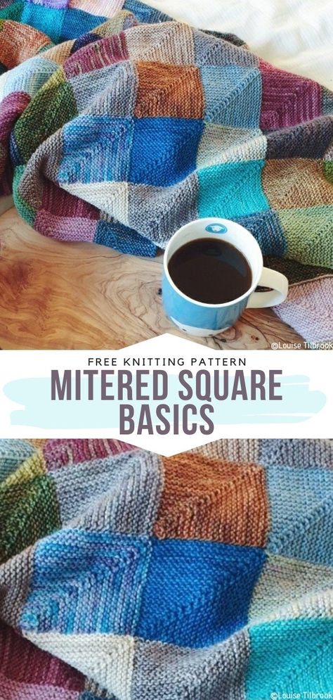 Knit Blanket Squares Block Patterns, Knit Mitered Square, Knitted Squares Pattern, Knit Afghan Patterns, Knitted Blanket Squares, Knitting Squares, Mitered Square, Knitting Patterns Free Blanket, Knitted Blanket