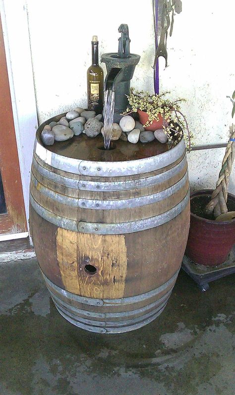 wine barrel fountain Wine Barrel Water Feature, Wine Barrel Fountain, Entryway Exterior, Wine Yard, Barrel Fountain, Wine Barrel Crafts, Barrel Projects, Backyard Pond, Wine Barrel Furniture