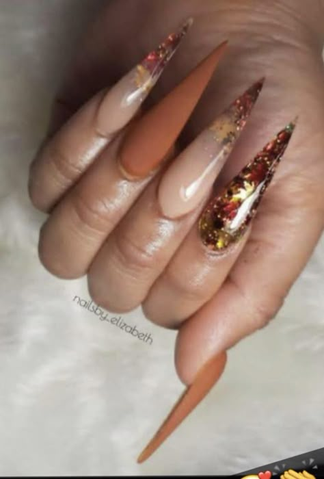 Stiletto November Nails, Stiletto Thanksgiving Nails, Thanksgiving Stiletto Nails, Encapsulated Fall Nails, Acrylic Nails Designs Brown, Fall Stilleto Nails Long, Fall Nail Designs Stiletto, Dope Fall Nails, Fall Encapsulated Nails