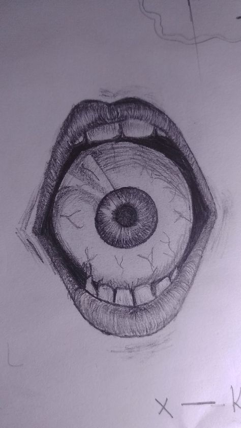 Creepy drawing Mouth Drawing Yelling, Creepy Lips Drawing, Mouth Biting Something Drawing, Covered Mouth Drawing, Eye Out Of Socket, Creepy Mouth Drawing Reference, Eye In Mouth Drawing, Scitzophernia Drawing, Halloween Eye Drawing