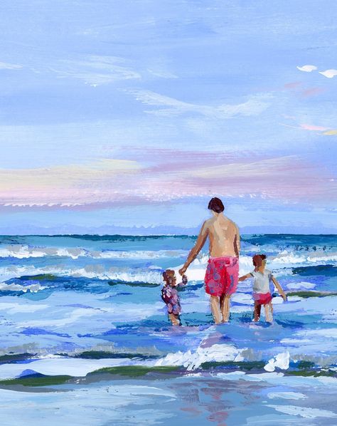 There's something about that annual beach trip with kids...each year they get so much bigger and it's another reminder of how fast the years go. Who wouldn't want summer to last forever? "Summer Memories," my collection of beach paintings, releases in 6 days!! #beach #beachpainting #oceanpainting #coastalart #coastalartist #marylandartist #dadanddaughter #oceanart Acrylic painting in modern impressionist style of a dad with two daughters walking into the ocean waves at sunset. Beach Trip With Kids, Beach Paintings, Beach Family, Summer Memories, Ocean Painting, Two Daughters, Beach Painting, Coastal Art, Ocean Art