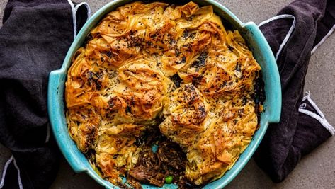 Lamb shoulder shawarma and pea pie with sumac butter filo pastry Recipe | Good Food Match Recipes, Shawarma Ingredients, Filo Pie, Roasted Carrot Soup, Maple Roasted Carrots, Lazy Cat Kitchen, Cat Kitchen, Lamb Shoulder, Filo Pastry