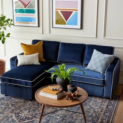 James Chaise Sectional Sofa With Accent Chair, Sofa With Piping, Blue Corner Sofa, Rectangle Ottoman, Leather Accent Chair, Square Ottoman, Interior Define, The James, Vintage Plush