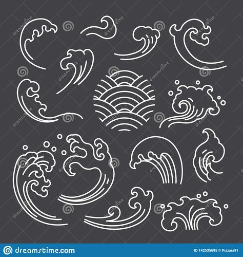 Illustration about Oriental water wave isolated objects. A tradional style of Japanese, Thai, Chinese line art. Moon shape. design on white background. Illustration of icon, japan, abstract - 142535695 Wave Icon, Wave Drawing, 달력 디자인, Waves Icon, Wave Illustration, Japanese Water, Japanese Waves, 카드 디자인, Desenho Tattoo