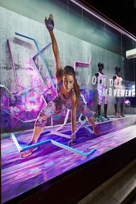 Vibrant neon window display for Sports Direct in London, showcasing their USA PRO range of sport and active wear - #windowdisplay #neon #visualmerchandising #retaildesign Sports Window Display Ideas, Neon Window Display, Neon Window, Unique Mannequin, Gym Design Interior, Window Display Retail, Visual Merchandiser, Gym Wallpaper, Store Window Displays