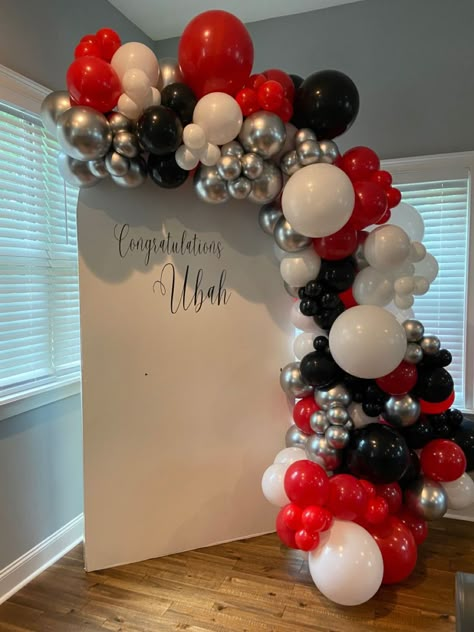 Red Black White Party Ideas, Balloon Garland Red And Black, Red Black White Gold Balloon Arch, Red Black White Silver Balloon Arch, Black Red White Birthday Decorations, Red White And Black Balloons, Red White Black Silver Balloon Garland, Red Black And Silver Balloon Arch, Balloon Arch Red Black White