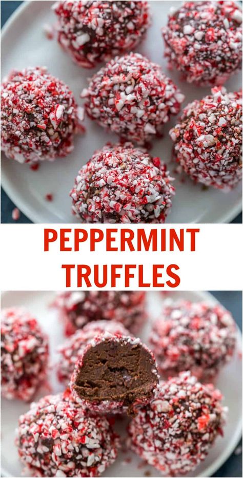 For a sweet indulgent holiday treat, try these peppermint truffles. They are smooth, indulgent and perfect for any holiday season cookie exchange. Peppermint Truffles, Dessert Truffles, Truffles Recipe, Christmas Baking Recipes, Candy Recipes Homemade, Christmas Candy Recipes, Recipes Christmas, Truffle Recipe, Christmas Food Desserts