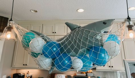 Shark Themed 3rd Birthday Party, Sea Monster Theme Party, Sea Monster Party Ideas, Shark Theme Baby Shower Boy, First Birthday Shark Theme, Modern Shark Birthday Party, Sea Beast Birthday Party, Shark Birthday Party Ideas Decoration, Ocean Theme Birthday Party Boy