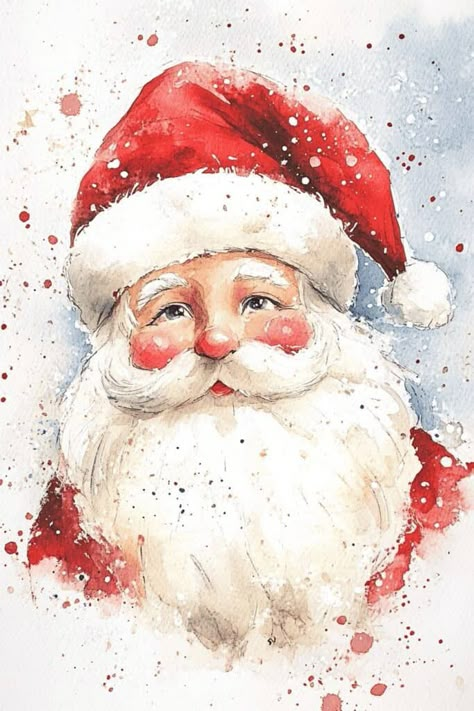 Christmas Watercolor Painting Drawing Santa, Christmas Watercolor Ideas, Watercolor Christmas Cards Diy, Simple Paintings, Santa Art, Watercolor Postcard, Winter Watercolor, Christmas Card Art, Diy Watercolor Painting