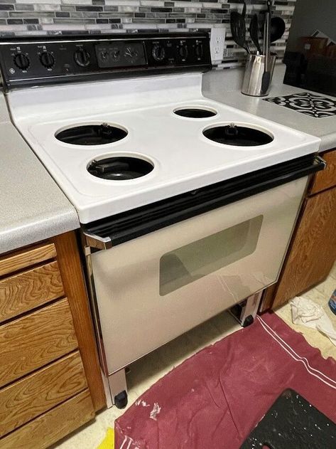 Painted Oven, Painting Oven, Paint Stove, Painting Tile Around Wood Stove, How To Paint A Stove Diy, Paint Oven Diy, Paint Stove Stainless Steel, White Stove, Stove Paint