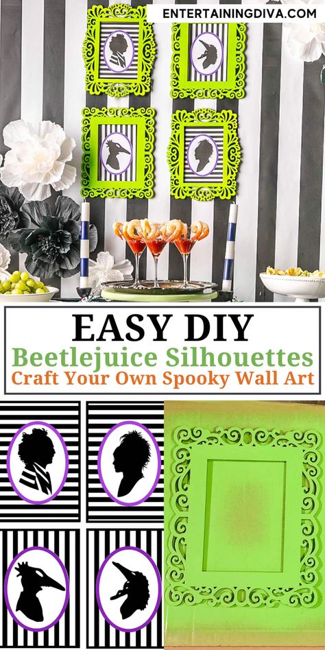 Easy DIY Beetlejuice Silhouettes: Craft Your Own Spooky Wall Art | Halloween Beetle Juice Halloween Decorations Diy, Halloween Cricut Decorations, Beetlejuice Office Decorations Diy, Beetlejuice Table Decor, Beetle Juice Bulletin Board, Beetle Juice Diy Decorations, Beetlejuice Door Decor, Halloween Window Display Home, Beetle Juice Office Decorations