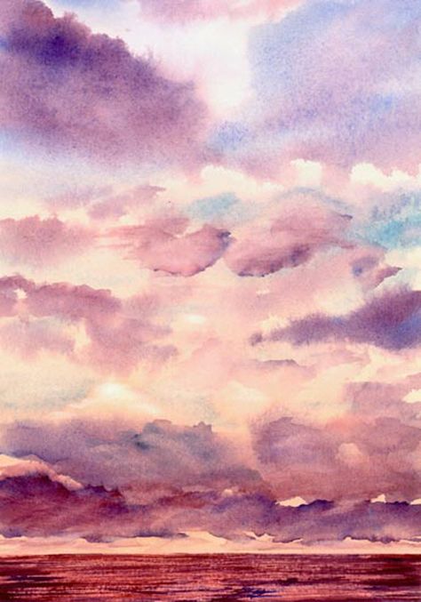 Drawing Ideas Watercolor, Painting Of Sunset, Akvarel Illustration, Ideas Watercolor, Ideas For Drawing, Sunset Watercolor, Watercolor Clouds, Watercolor Sky, Moon Wallpaper