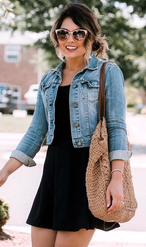 Denim Jacket   Black Dress. Summer Jacket Outfit, Cute Jean Jacket Outfits, Denim Jacket Outfit Summer, Denim Dress Outfit, Cute Jean Jackets, Jacket Outfit Women, Look Office, Jean Jacket Outfits, Cute Outfits With Jeans