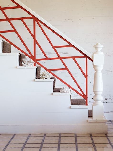 Orange fretwork Rails | Tom Scheerer Tom Scheerer, Stair Case, Painted Stairs, Staircase Railings, Lan Can, Interior Stairs, Railing Design, Stairway To Heaven, Stair Railing