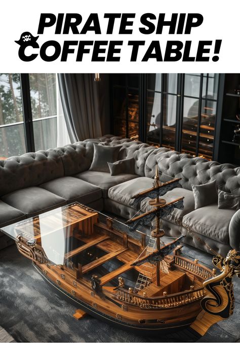 Add a touch of adventure to your home with Pirate Ship Coffee Tables! Perfect for lovers of nautical décor and seafaring charm. ⚓️ #HomeDecor #PirateShip #InteriorDesign #CoastalLiving Pirate Living Room, Pirate Ship Furniture, Pirate Ship Interior, Pirate Ship Table, Pirate Ship Captains Cabin, Fantasy Pirate Ship Interior, Pirate Designs, Nautical Coffee Table, Nautical Bar