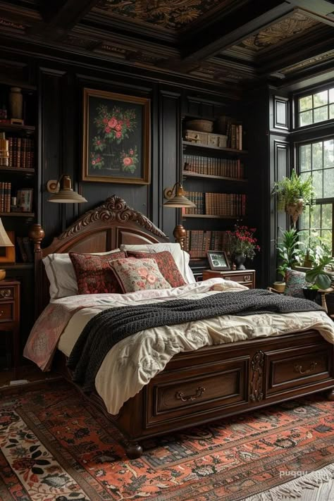 Dark Academia Room Green, Dark Academia Bedroom Inspo Vintage, Bedroom Inspo Dark Wood, Cottagecore House Interior Bedroom, Dark Academia Bed Room, Dark Green Vintage Bedroom, Earthy Dark Bedroom, Medieval Bedroom Aesthetic, Victorian Rooms Bedrooms