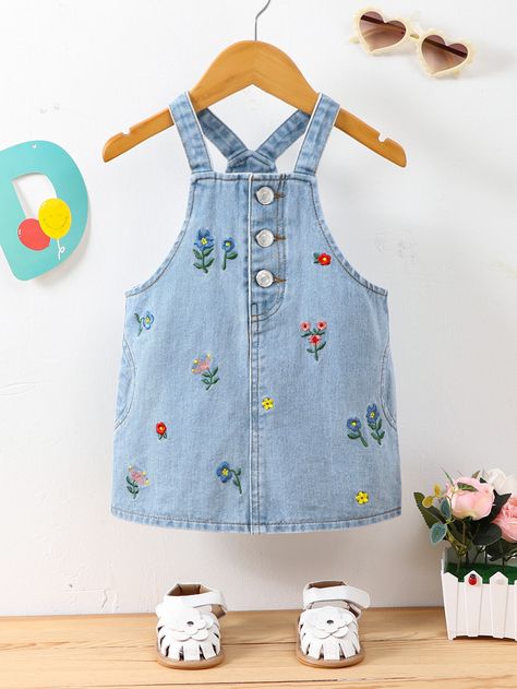 Baby Floral Embroidery Button Front Denim Dress Vintage Kids Clothes, Denim Baby, Sewing Kids Clothes, Baby Clothes Patterns, Trendy Fashion Tops, Fashionable Baby Clothes, Kids Fashion Clothes