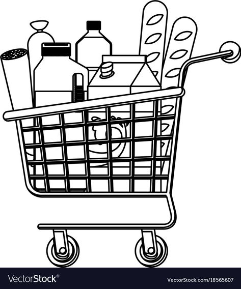 Grocery Cart Drawing, Shopping Cart Drawing, Bread Vector, Clean Up Song, Drinks Juice, Sausage Bread, Supermarket Shopping, Grocery Cart, Fruit Cartoon