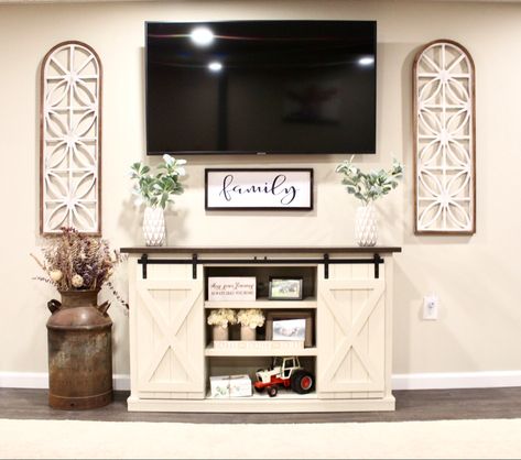 Decorating Around Tv Stand Farmhouse, Tv Stand Styling Farmhouse, Entertainment Center Decor Farmhouse, Modern Farmhouse Entertainment Center Decor, Decorating Under Mounted Tv, Tv Stand Farmhouse Decor, Side Of Tv Wall Decor Farmhouse, Tv Side Wall Decor, Farmhouse Decor For Tv Stand