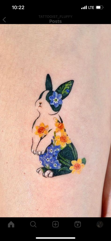 Flower Bunny Tattoo, Dutch Bunny Tattoo, Rabbit Flower Tattoo, Dutch Rabbit Tattoo, Traditional Tattoo Rabbit, Bunny Tattoo Ideas, Blackberry Tattoo, Spring Tattoo, Reading Tattoo