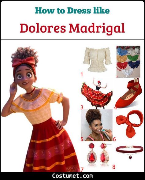 Dolores Madrigal (Encanto) Costume for Cosplay & Halloween Family Madrigal Costumes, Dolores Encanto Cosplay, Encanto Outfit Ideas, Encanto Costume Diy, Red Headscarf, Encanto Costume, Disney Costumes For Women, Outfit Ideas Disney, Story Book Pumpkin