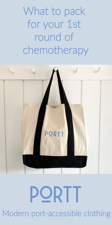 Black and white natural tote bag with Portt logo - a brand offering modern port-accessible clothing for people undergoing chemotherapy. Chemo Bag Ideas, Chemo Bag, Chemo Survival Kit, Ease Your Mind, Sons Birthday, What To Pack, Packing Tips, Home Renovation, Dinner Party