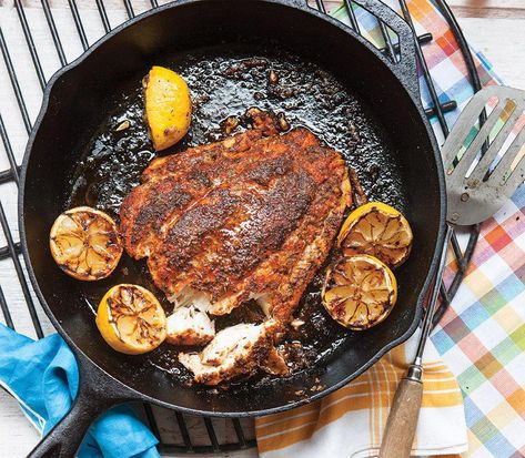 Squeeze a charred lemon half over each serving of this spicy, butter-seared Blackened Grouper to get the best flavor out of this dish. #TipsAndAdviceForBackPain Grouper Fish Recipes, Blackened Grouper, Grouper Recipe, Grouper Recipes, Grouper Fillet, Grouper Fish, Cast Iron Recipes, Cast Iron Cooking, Cast Iron Skillet