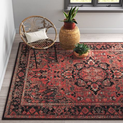 Mistana™ Adalia Performance Red Rug & Reviews | Wayfair Red Rug Bedroom, Persian Rug Living Room, Red Persian Rug, Green Couch, Persian Pattern, Navy Area Rug, Black Area Rugs, Green Area Rugs, Red Area Rug