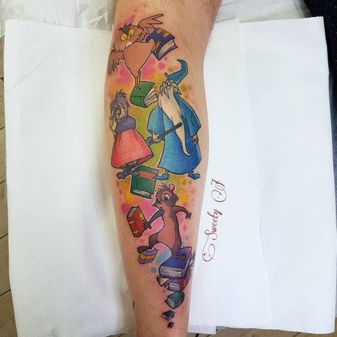 Jamaica Corridori on Instagram: “Merlin and Madam Mim in the middle healed, done 2 years ago! 💖 #tattoos #tattoo #tatts #tatt #tatuatoriitaliani #tatuaggio #cartoontattoo…” Aurora Tattoo, Tattoos Cartoon, Madam Mim, Tattoo 2022, Stone Tattoo, Arm Tats, Tattoo Concepts, Cartoon Character Tattoos, Viking Hair