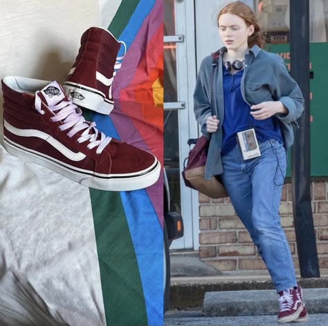 Max Mayfield (Sadie Sink) in Stranger Things. Screen accurate Vans, Max has worn them in every season shes been in. Max Shoes Stranger Things, Max Mayfield Shoes, Max Mayfield Style, Stranger Things Shoes, Max Mayfield Aesthetic, Saide Sink, Stranger Things Cosplay, Anything Aesthetic, Red Dress Day