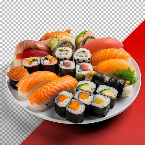 PSD a plate of sushi with one that has a... | Premium Psd #Freepik #psd #nigiri #temaki #sashimi #maki Korean Sushi, Yummy Sushi, Sushi Roll Recipes, Healthy Toddler Snacks, Roll Recipes, Sushi Roll, Sushi Plate, How To Cook Fish, Toddler Snacks