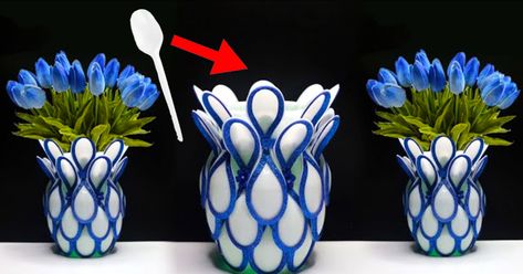 I would have no idea that this plastic spoon flower vase was made out of a plastic bottle and spoons. This is a great way to use the best out of waste or items that you may have lying around the house. This DIY plastic spoon flower vase tutorial by Lista Tsurayya on YouTube is so easy to follow alon Craft With Spoons, Recycled Flower Vase, Recyclable Materials Project, Flower Vase Ideas For Home, Diy Flower Vase Ideas, Plastic Spoon Art, Best Out Of Waste Ideas, Spoons Diy, Plastic Spoon Crafts