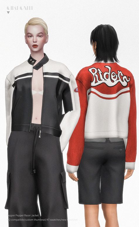 Pepper Pepper Racer Jacket | Patreon Sims 4 Charonlee, Sims 4 Racer Cc, Charonlee Sims 4, Sims 4 Jacket, Racecar Jacket, Sims4 Custom Content, San Myshuno, Sims 4 Tsr, Free Sims 4