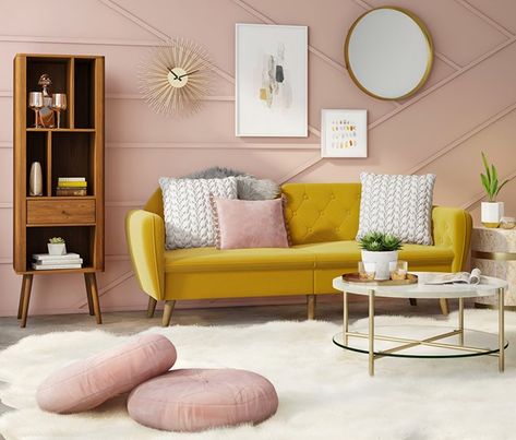 Shop the look. Glam mod living room. Mid-century elements with pink and gold finishes. Fall Back In Love, Leopard Rug, Pink Couch, Colorful Interior Design, Gold Living Room, Yellow Living Room, Pink Living Room, Mid Century Living, Mid Century Living Room