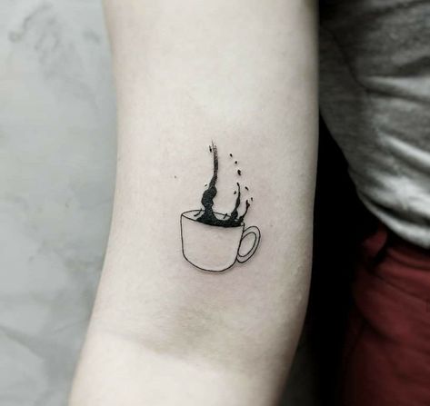 Coffee Lover Tattoo Minimalist, Tattoo For Coffee Lovers, Coffee Inspired Tattoos, Overflowing Cup Tattoo, Coffee Ring Tattoo, Small Coffee Tattoo, Cup Of Coffee Tattoo, Coffee Lover Tattoo, Barista Tattoo