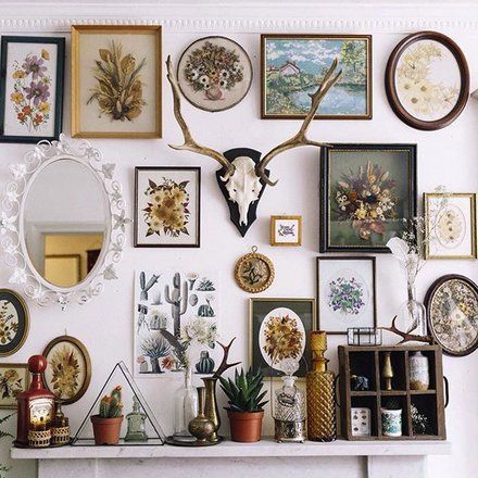 Boho Gallery Wall Thrifted Home Decor, Gallery Wall Living Room, Gallery Wall Inspiration, Interior Vintage, Wall Inspiration, Gallery Wall Ideas, Boho Cottage, Deer Head, Gallery Walls